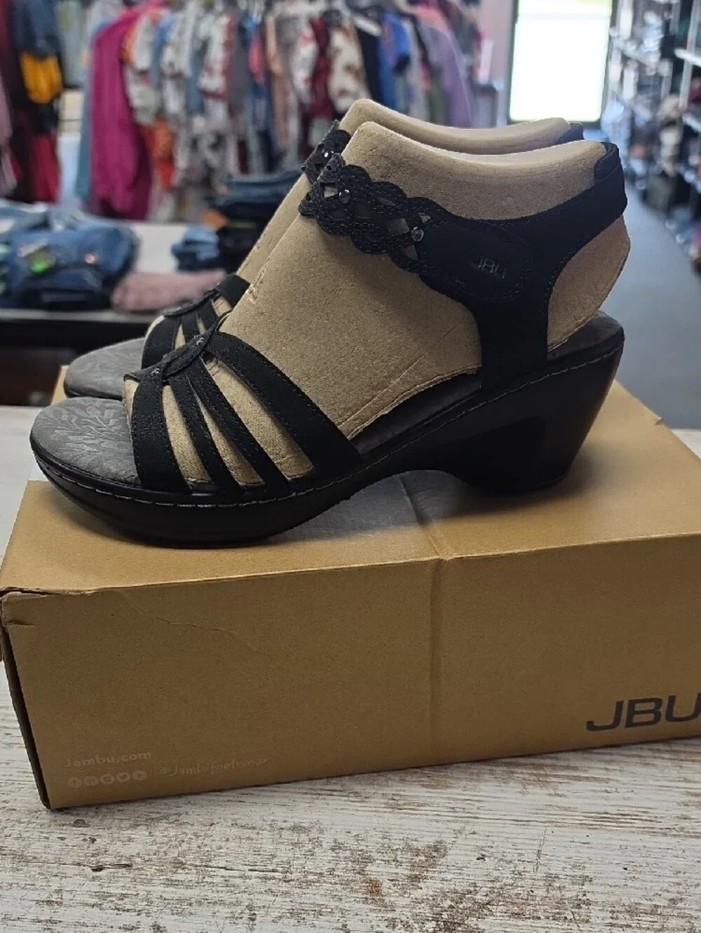 JBU Black Strappy Wedge Sandals with Decorative Ankle Band | 9 1/2